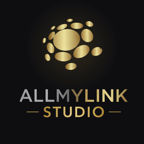 App-Symbol von AllMyLink Studio: eine goldene Kugel aus Punkten über dem Schriftzug AllMyLink Studio
