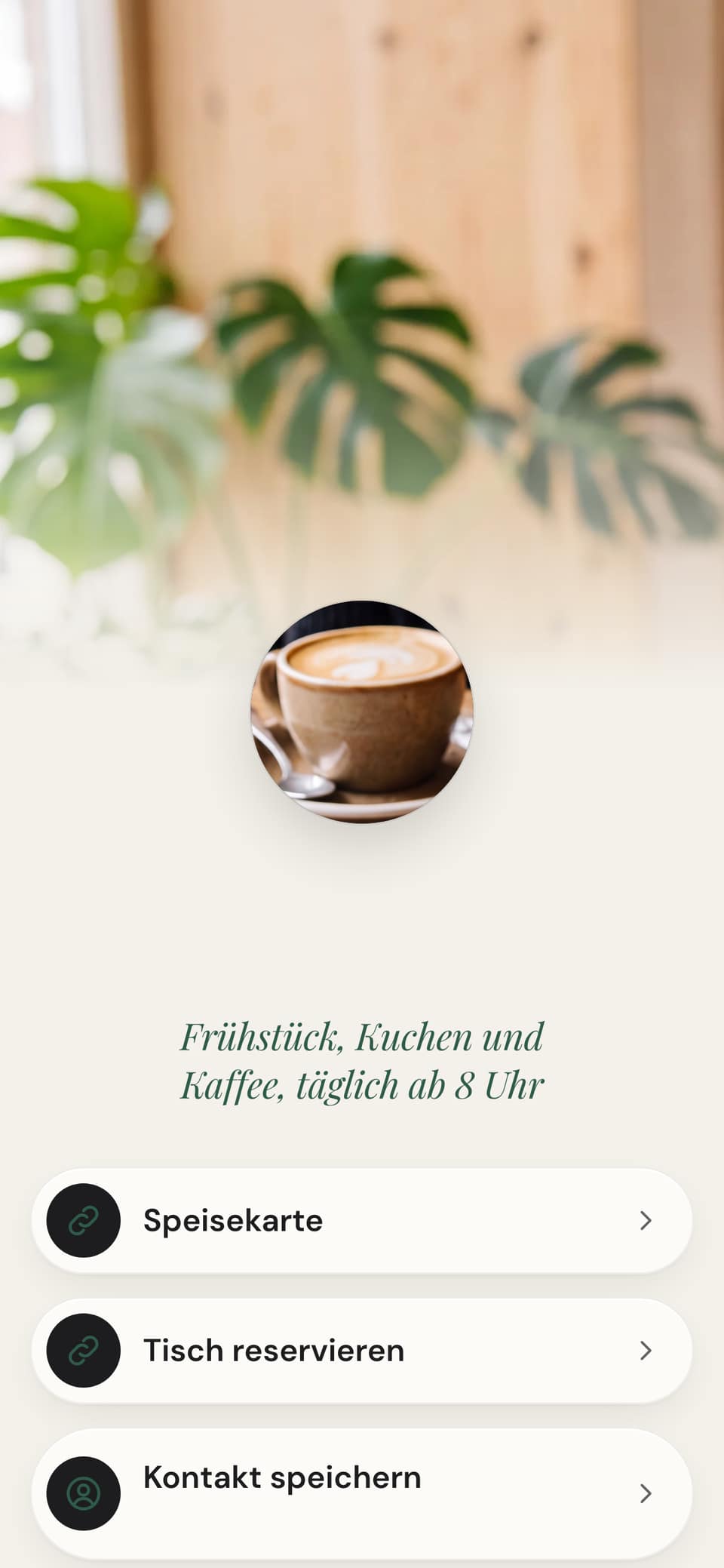 Beispielseite des fiktiven Cafés Lindenblatt, Fotos KI-generiert: Titelbild mit Pflanzen, Rundbild einer Tasse Kaffee, Name, Öffnungszeit und die Knöpfe Speisekarte, Tisch reservieren und Kontakt speichern