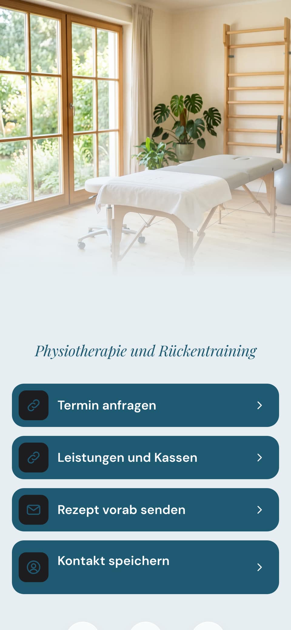 Beispielseite der fiktiven Physiopraxis Kranich, Titelbild KI-generiert: heller Behandlungsraum, Name und die Knöpfe Termin anfragen, Leistungen und Kassen, Rezept vorab senden und Kontakt speichern