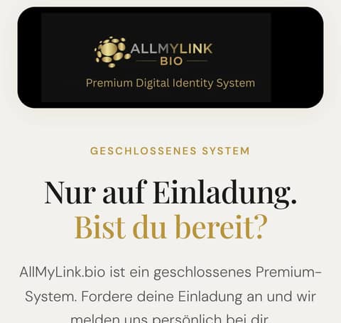 Einladungsseite auf allmylink.bio: oben das Logo AllMyLink, darunter Nur auf Einladung. Bist du bereit? und der Einleitungssatz zum Formular