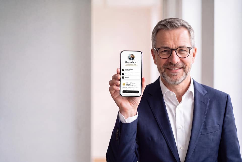 Mit KI gestaltete Szene: Thomas Weber, fiktive Person, hält sein iPhone mit seiner Seite und der Karte von ARIS in die Kamera.