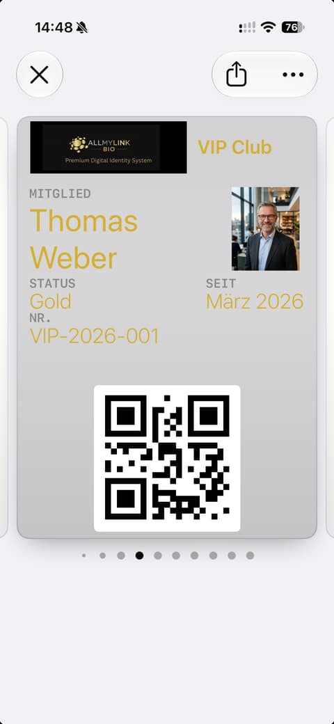 Mitgliedskarte VIP Club von Thomas Weber, fiktive Person, im Apple Wallet, Porträt KI-generiert: Status Gold, seit März 2026, Nummer VIP-2026-001