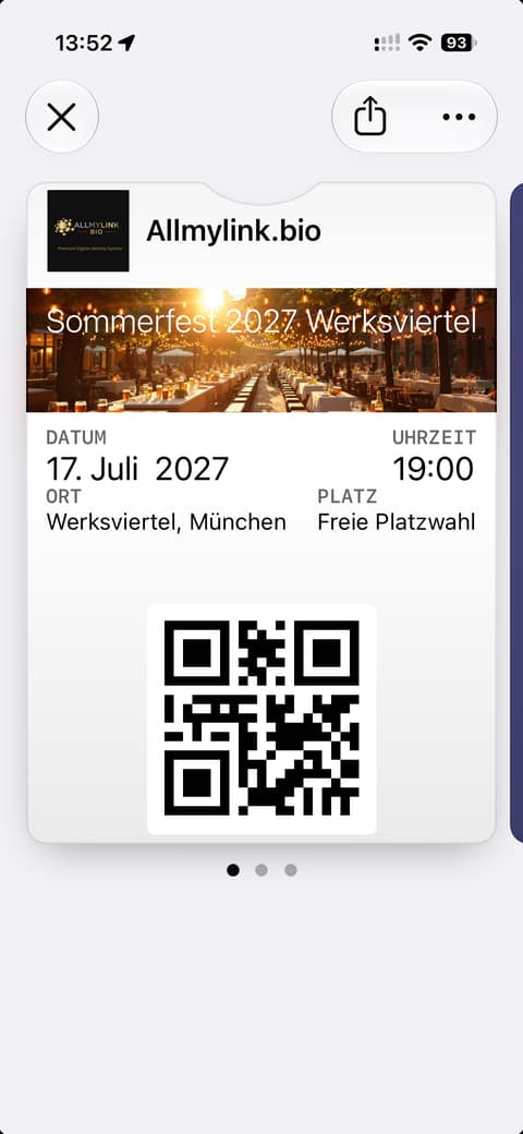 Ticket Sommerfest 2027 im Werksviertel im Apple Wallet, Beispiel-Event, Bild KI-generiert: 17. Juli 2027, 19:00 Uhr, Werksviertel München, freie Platzwahl, darunter der QR-Code für den Einlass