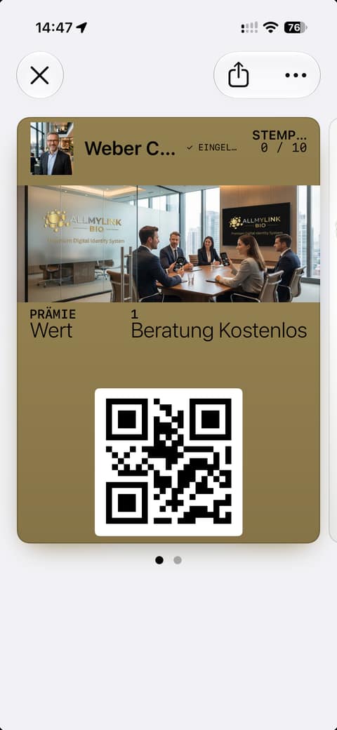 Stempelkarte von Weber Consulting, fiktive Firma, im Apple Wallet, Porträt und Bild KI-generiert: 0 von 10 Stempeln, Prämie eine kostenlose Beratung