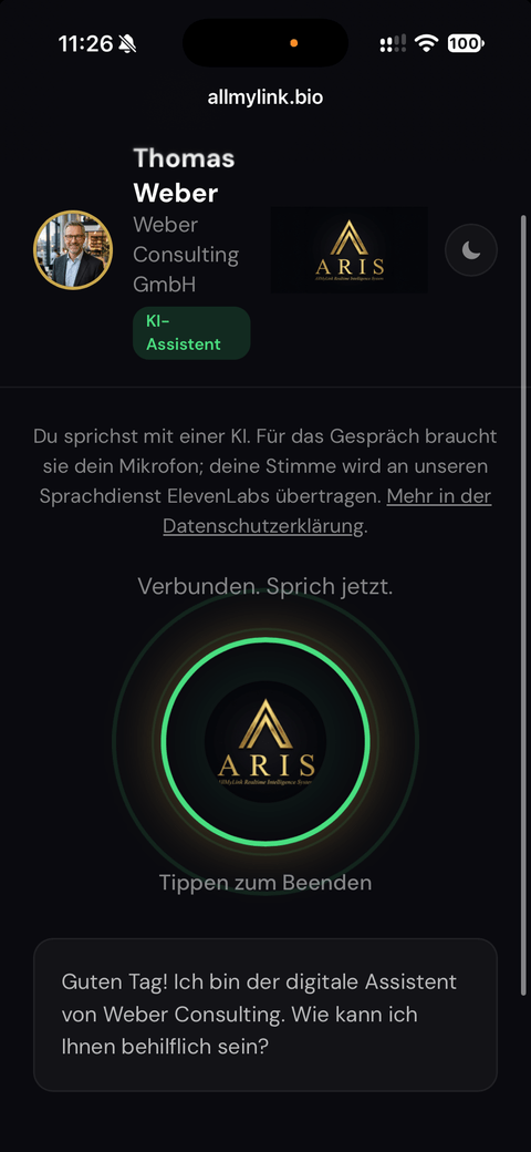 ARIS mit Stimme auf der Seite von Thomas Weber, fiktive Person, Porträt KI-generiert: verbunden, darunter die Begrüßung als Text