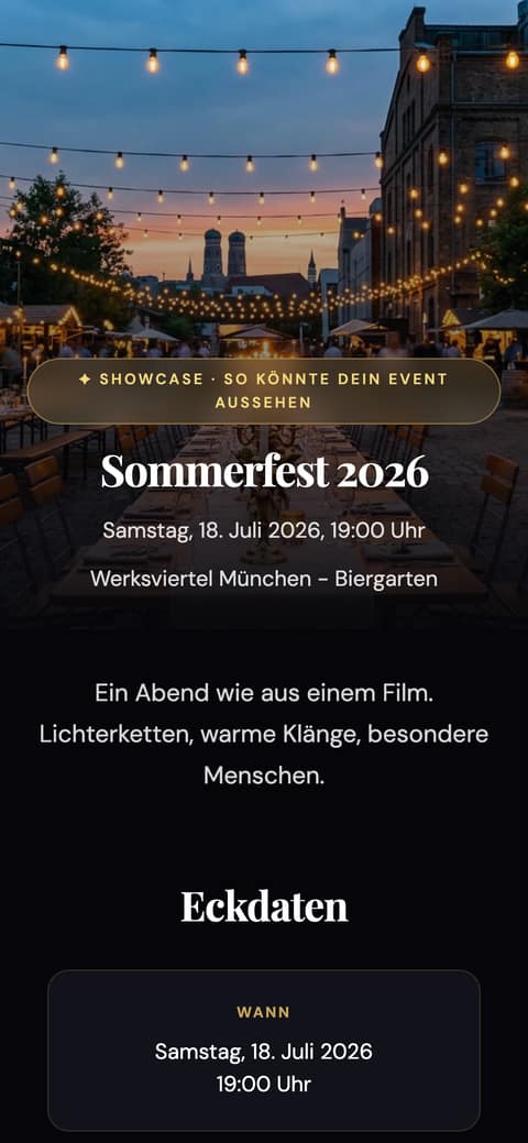 Event-Seite des Beispiel-Events Sommerfest 2026, Fotos KI-generiert: Biergarten mit Lichterketten, Datum und Ort